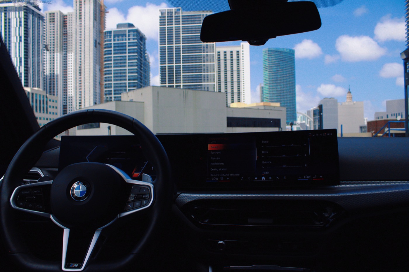 BMW 330i – interior dashboard, Miami skyline